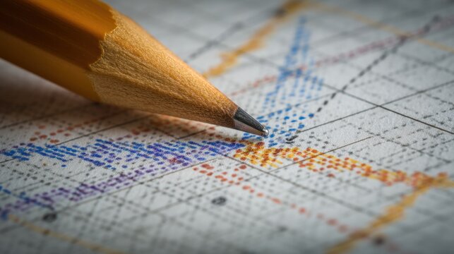 Close-Up of a Yellow Pencil Pointing to Colorful Graphs and Charts on Paper with Markings Showing Trends and Data Analysis Insights - Powered by Adobe