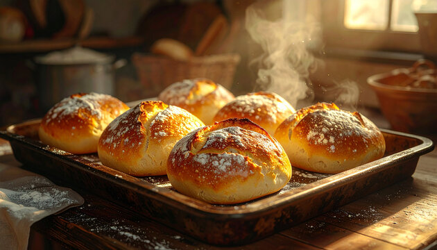 Freshly baked, golden-brown bread rolls steaming on a baking tray in a warm kitchen.