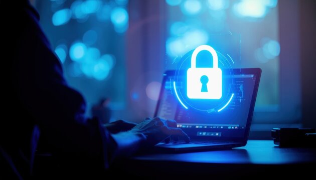 Cybersecurity concept with glowing padlock over laptop in dark room