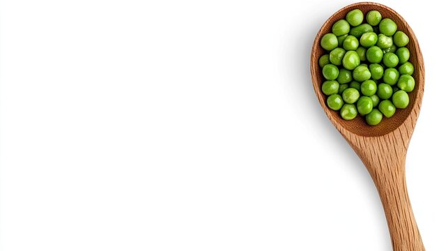 Creative depiction of green peas in a wooden spoon on a clean white background for innovative food marketing concepts