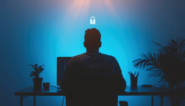 Silhouette of man at computer with cybersecurity lock icon