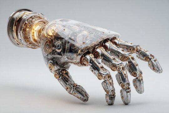 Mechanical Hand Illustration: A detailed close-up of a futuristic mechanical hand, showcasing the intricate design, gears, and inner workings with a glowing core, symbolizing innovation. - Powered by Adobe