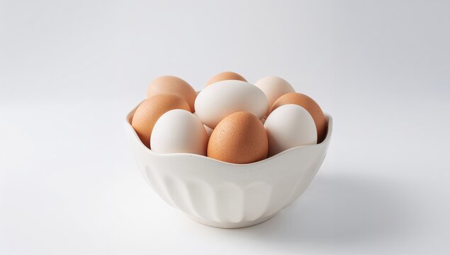 Eggs placed in a white ceramic bowl against a plain background, nutritious protein source, World Egg Day - Powered by Adobe