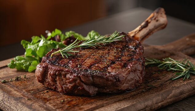 Grilled t-bone steak seasoned with rosemary on a wooden board alongside a fresh salad, protein-rich meal - Powered by Adobe