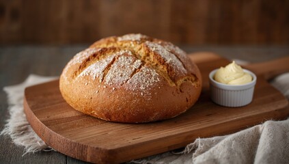 Naklejka premium Artisan round crusty bread loaf displayed on a wooden board, paired with a dish of butter, fiber-dense choice