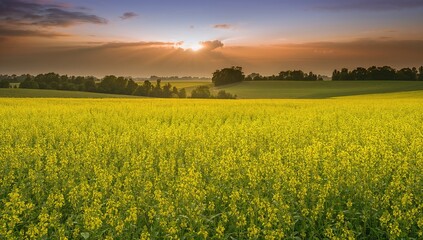 A vibrant yellow rapeseed field thriving under a bright summer sky