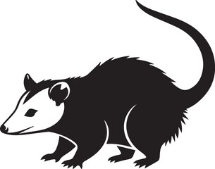 Fototapeta premium Black Silhouette of a Opossum on White Background Keywords: opossum, marsupial, animal