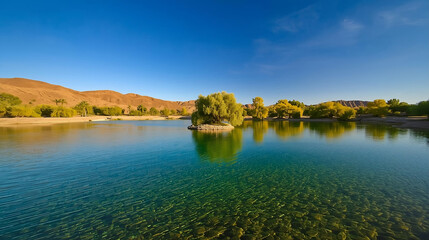 Naklejka premium In the middle of the desert there is a lake surrounded by trees