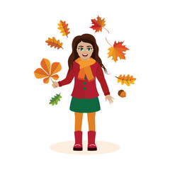 Happy cute autumn little girl with autumn leaves vector illustration. Cheerful girl with colorful autumn leaves icon isolated on a white background. Stylish young lady in fall warm clothes drawing
