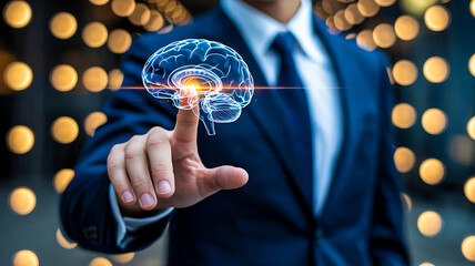 Business professional interacting with digital brain concept for artificial intelligence and innovation