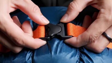 Close Up of Hands Buckling Backpack Strap for Secure Fastening