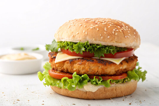 Delicious, mouthwatering gourmet burger with fresh ingredients, perfect for food blogs, restaurant menus, and advertising campaigns