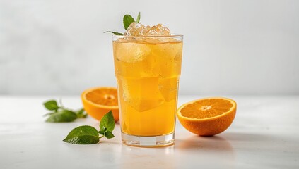 Fototapeta premium A complete glass of freshly squeezed orange juice on a light background, rich in vitamin C