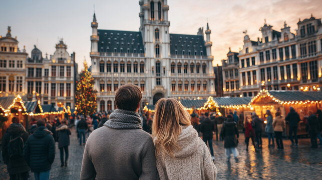 Couple Looking at Christmas Market Stalls and Lights in Brussels Grand Place During Winter Wonders Festival