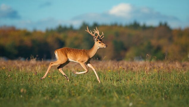 Young deer with small antlers sprinting through a grassy field with a blurred woodland behind.