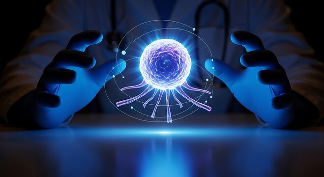Scientists hands holding a glowing futuristic biological cell for research.