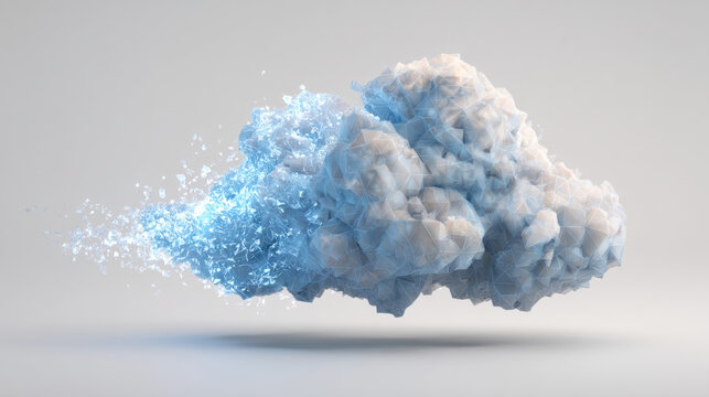 Cloud Computing, A minimalist 3D abstract, glowing blue geometric shapes converging towards a central white cloud icon. Clean white background. - Powered by Adobe