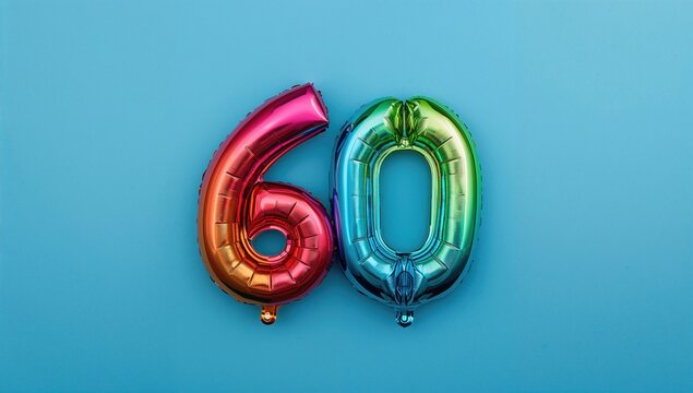 Rainbow foil balloon shaped as number sixty, vibrant celebration event