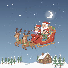 Santa driving his sleigh with two children enjoying a joyful Christmas ride festive holiday illustration