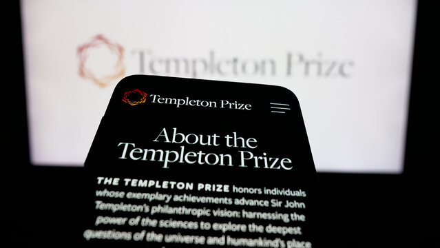 Stuttgart, Germany - 10-31-2025: Mobile phone with website of annual award Templeton Prize on screen in front of logo. Focus on top-left of phone display.