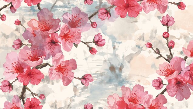 Abstract floral pattern featuring cherry blossoms in vibrant colors, suitable for editorial header background - Powered by Adobe
