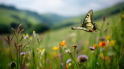 A butterfly fluttering across a meadow in the UK, with a classic English countryside scene in the background of green hills and wildflowers.