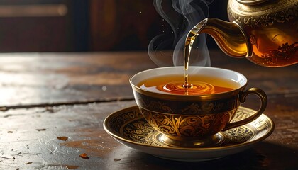 A close-up shot of tea being poured into a teacup with an ornate design. Steam rises off the cup, and the table is rustic