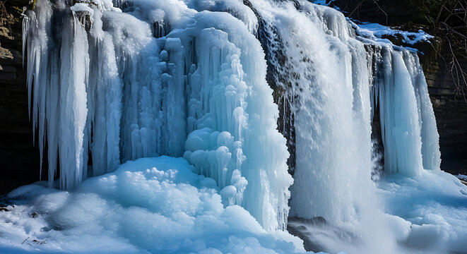 A frozen waterfall cascading down rocks with icicles hanging from the cliffside in winter time ai generated