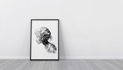 A poster frame positioned on the floor adjacent to a wall in a room, suitable for interior decor