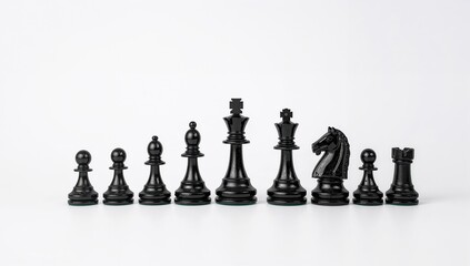 Black chess pieces arranged in descending order on a white backdrop, strategic play