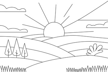 Fototapeta premium Simple line drawing of a sunrise over rolling hills with trees and clouds in a minimalist style