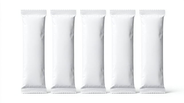 A pack shot of thin stick pack sachets ,against a white background, a marketing material. Minimalist advertising mockup. 3d illustration.