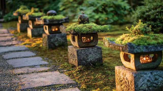 Row of Stone Lanterns Covered in Moss Along Stone Path in Japanese Garden with Soft Light Greenery Serene Atmosphere and Intricate Details Adobe Stock Photo