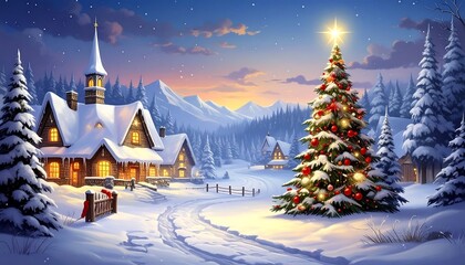 A snowy winter scene depicts a festive Christmas tree adorned with ornaments beside a quaint, snow-covered village