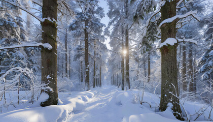 A stunning winter landscape with a snow-covered forest bathed in the rays of the sun, creating a feeling of cleanliness and peace. The image captures the beauty of frosty mornings and is perfect for n