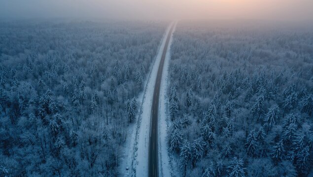 Aerial perspective of a snow-laden road flanked by trees under a dim evening sky, winter ambiance