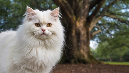 Obraz premium Cat positioned near a tree, observing its surroundings, nature engagement