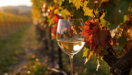 Obraz premium Close-up of white wine in a glass beside a grapevine with colorful leaves, highlighting seasonal change