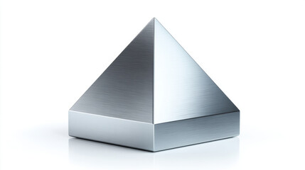 Modern metallic pyramid sculpture isolated on a white background. contemporary art piece features a geometric pyramid shape with a brushed metal finish, perfect for design projects.
