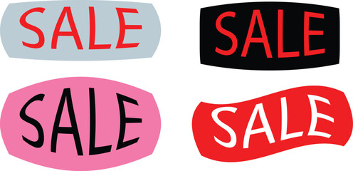 Four distinct "SALE" badges in varied shapes and colors for promotions.