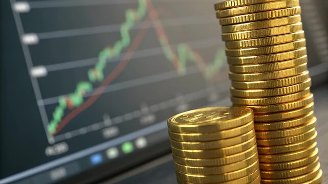 Golden coin stack coin pile financial chart investment graph cryptocurrency trend economy growth market analysis profit forecast gold coin stack