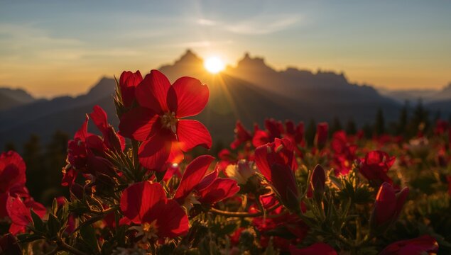 Close-up of vibrant red blossoms illuminated by a stunning sunrise behind mountain silhouettes in a scenic alpine region. Warm sunlight streaming over the peaks.