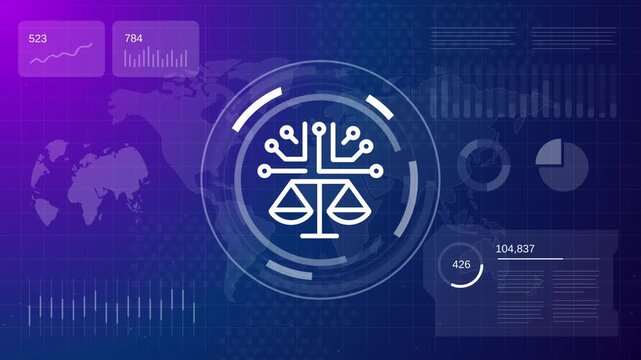 Technology law and justice balance scale integrated with circuit board representing legal regulation data governance ethics privacy and security