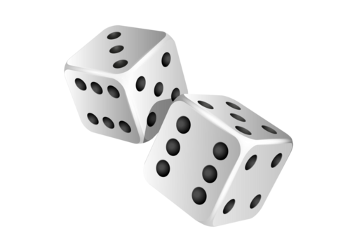 Two white dice with black dots isolated on transparent background