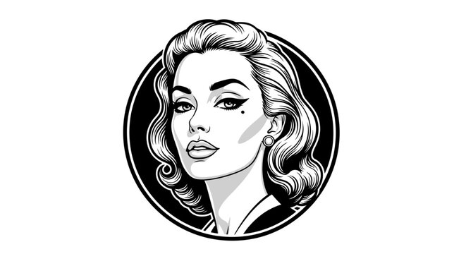 A black and white graphic illustration of a beautiful woman with a retro, glamorous hairstyle and makeup.