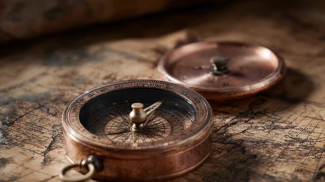 Antique Copper Compass on Old Map Detailed Shot with Textured Paper Background Shallow Depth of Field and Warm Lighting