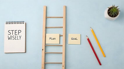 Wooden ladder representing plan to reach goal with yellow notes