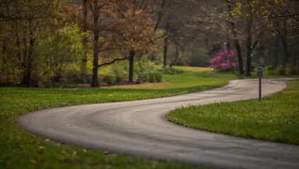 Obraz premium A winding road meandering through a park with abundant greenery and trees, highlighting seasonal change