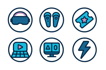 Virtual gaming elements including VR headset, controllers, ticket, laptop, monitor, and lightning symbol displayed in a simplified style