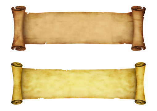 Two old paper scrolls isolated on transparent background for message or banner
